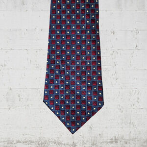 1990s Vintage Geoffrey Beene Silk Tie Red Gray Geometric Square Pattern 4" Wide